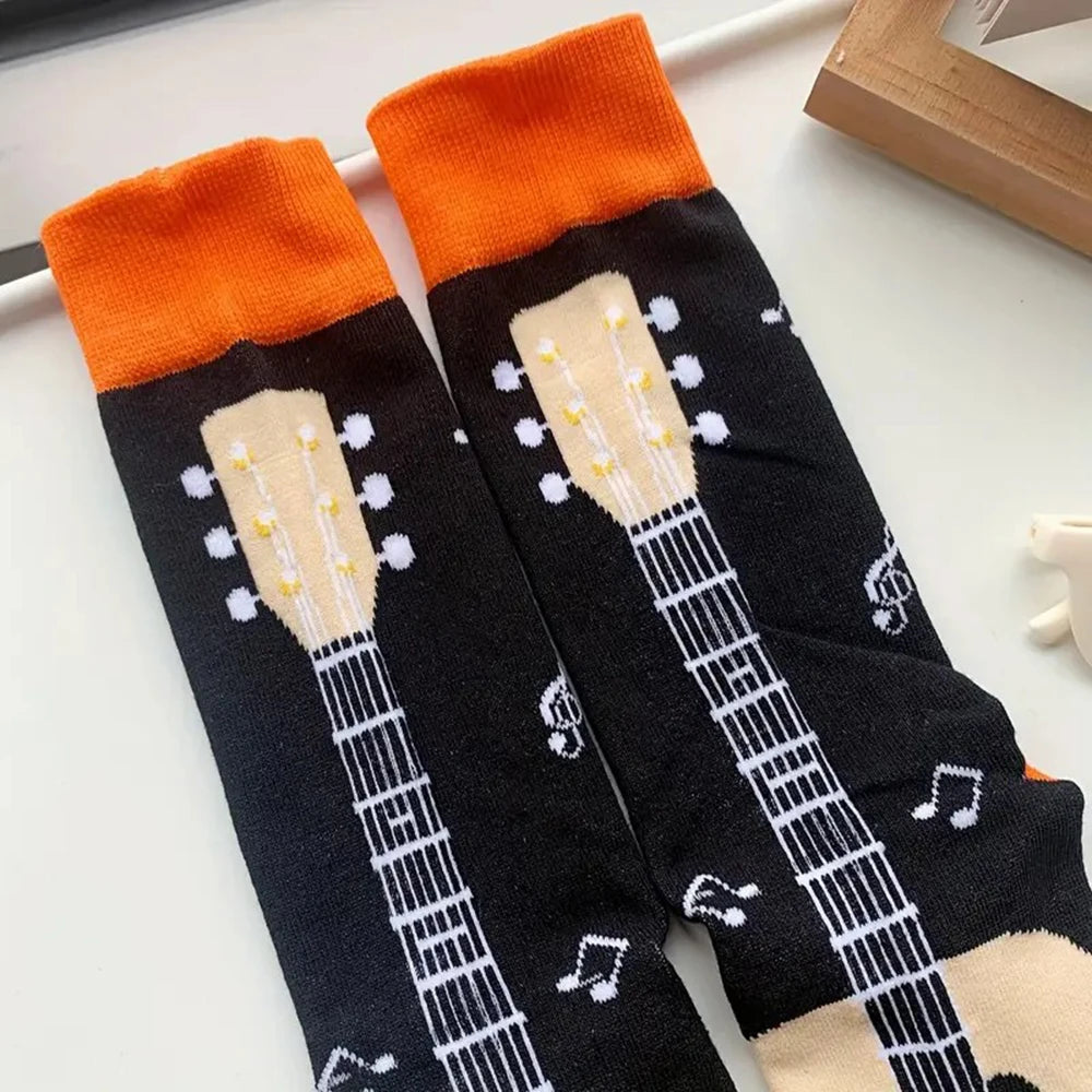 Polyester Elastane Guitar Pattern Crew Socks - 4
