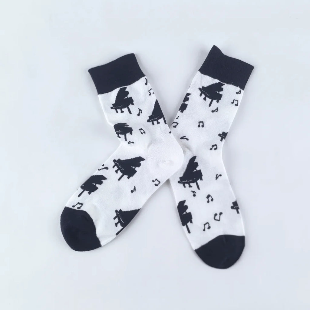 Cotton Blend Mid Calf Music Print Casual Socks