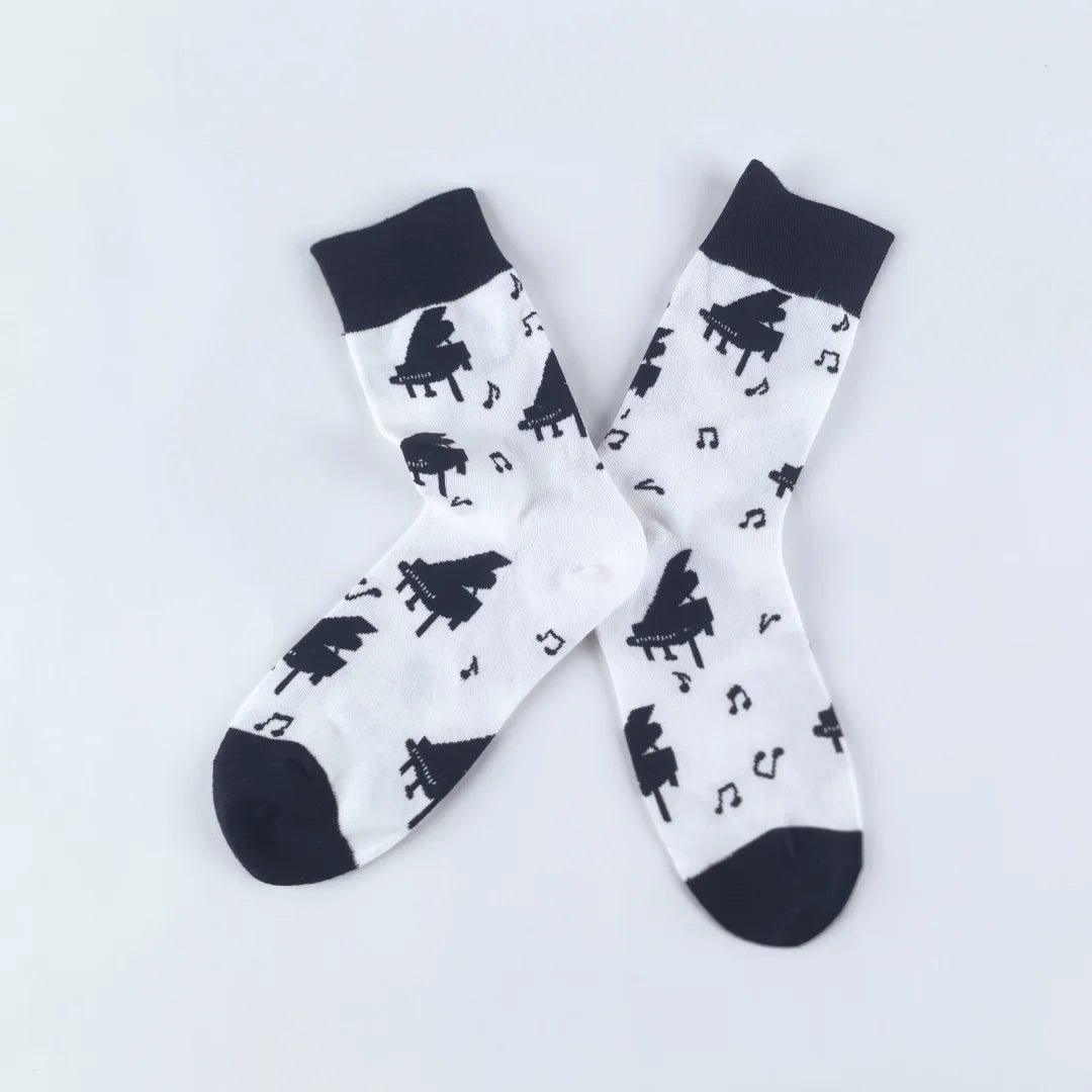 Cotton Blend Mid Calf Music Print Casual Socks
