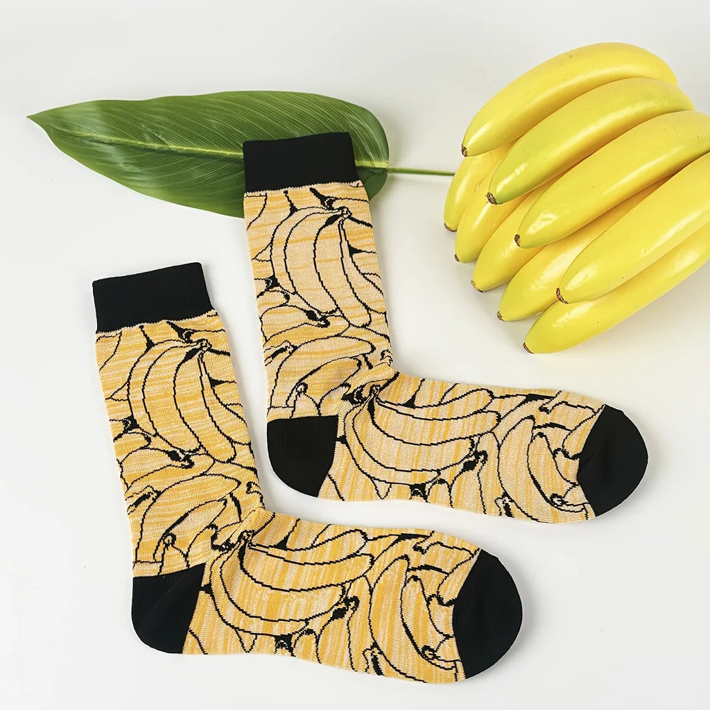 Cotton Blend Banana Print Mid Calf Socks