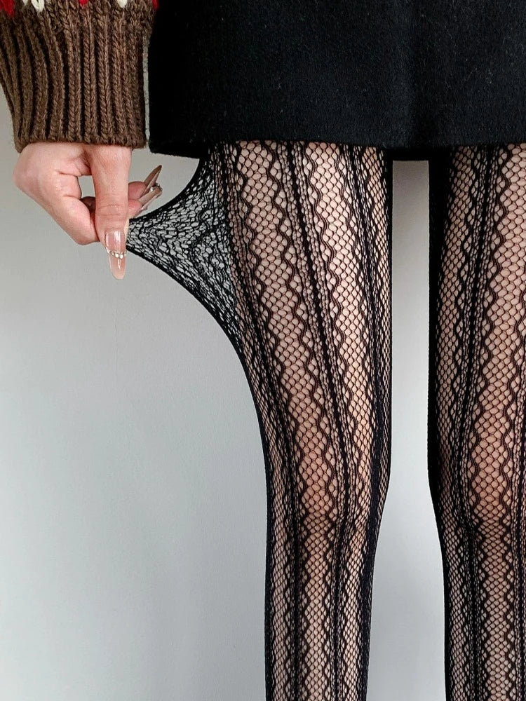 Nylon Elastane Jacquard Mesh Vertical Striped Tights - 13