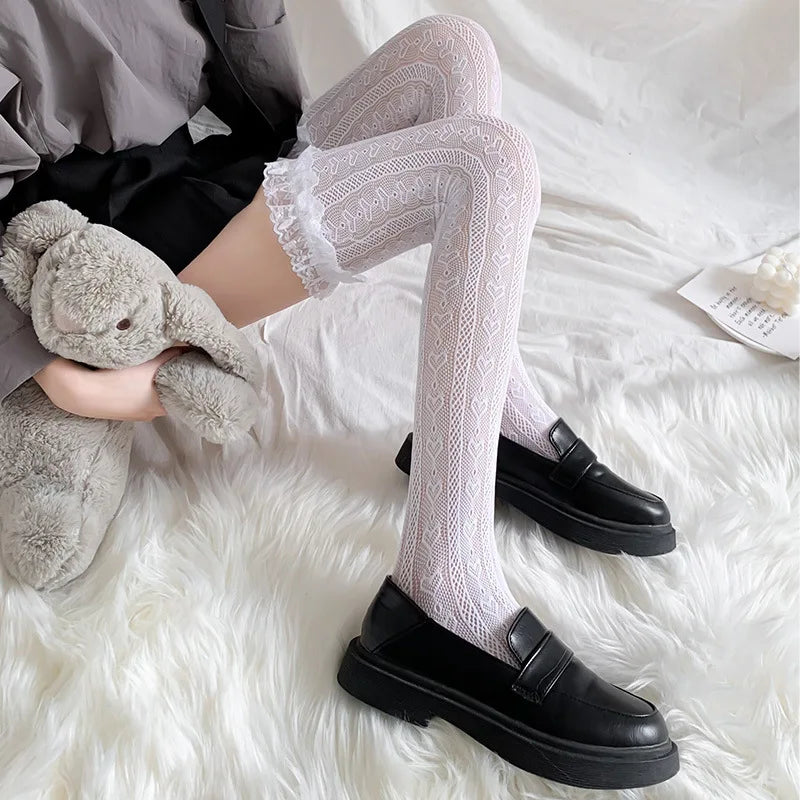 Lace Fishnet Thigh High Stockings Heart Pattern Over Knee Socks