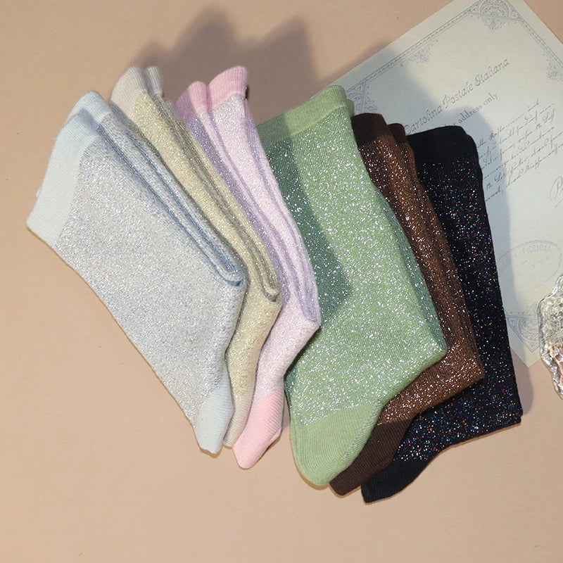 Cotton Blend Glitter Knit Women Casual Crew Socks - 8