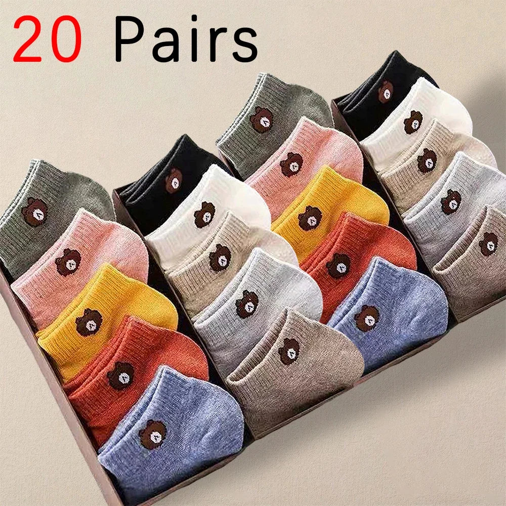 Polyester Elastane Low Tube Ankle Socks Women Bear Pattern Set - 8