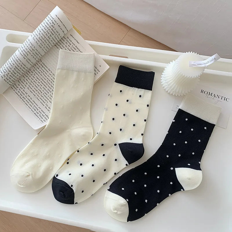Polyester Elastane Polka Dot Mid Tube Casual Socks 3 Pairs