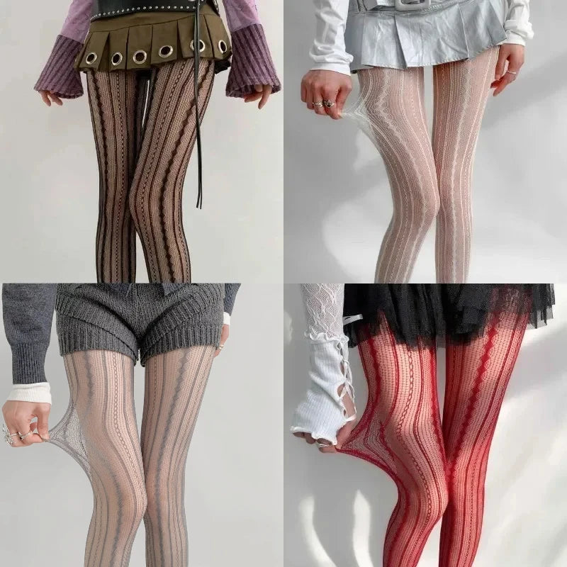Red Nylon Striped Fishnet Tights for Women