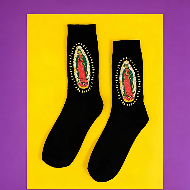 Polyester Elastane Portrait Print Mid Calf Casual Socks
