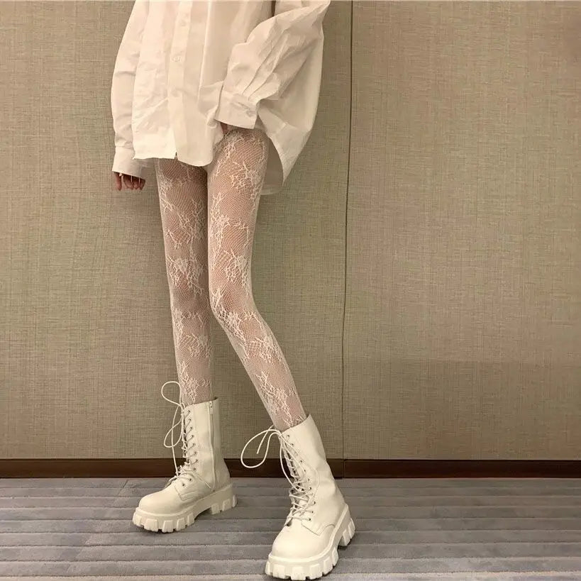 Nylon Floral Fishnet Stockings Breathable Lace Thigh High Tights