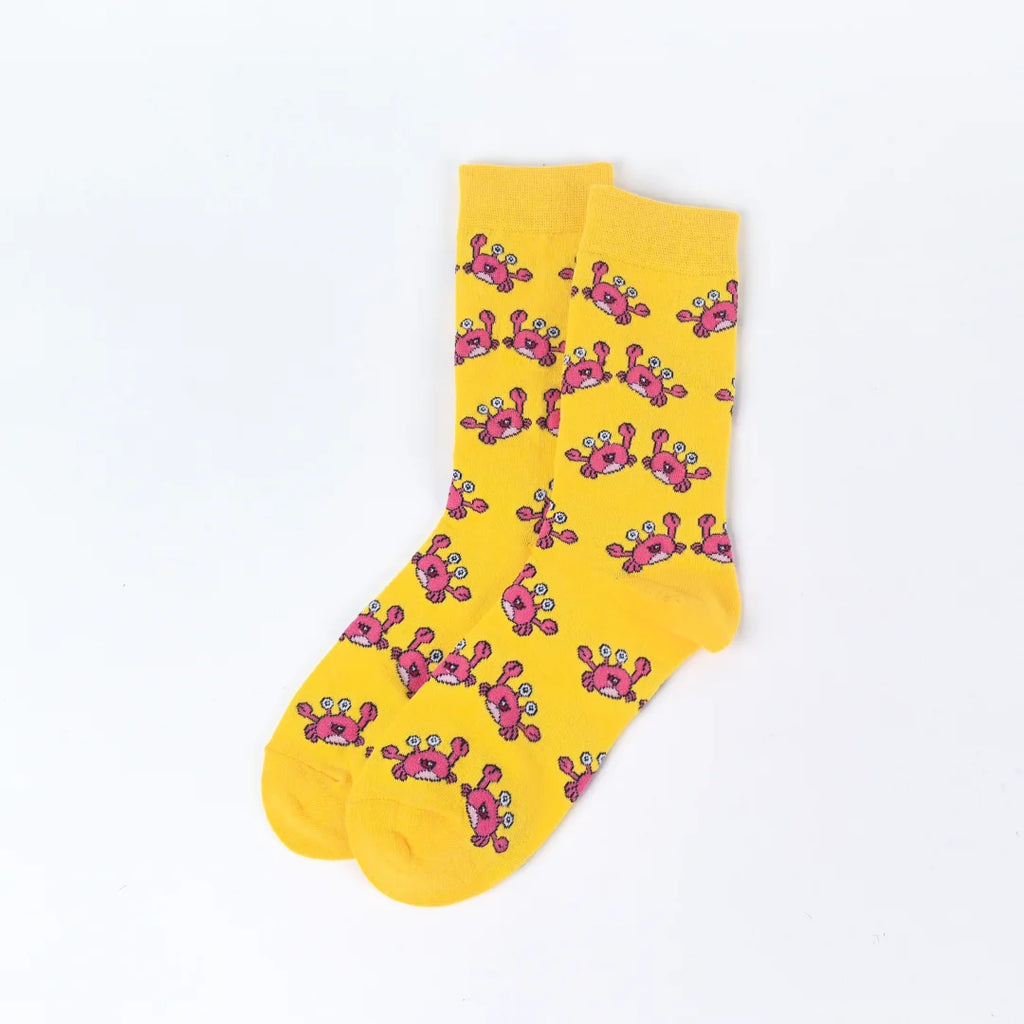 Yellow Cotton Blend Crab Pattern Casual Crew Socks