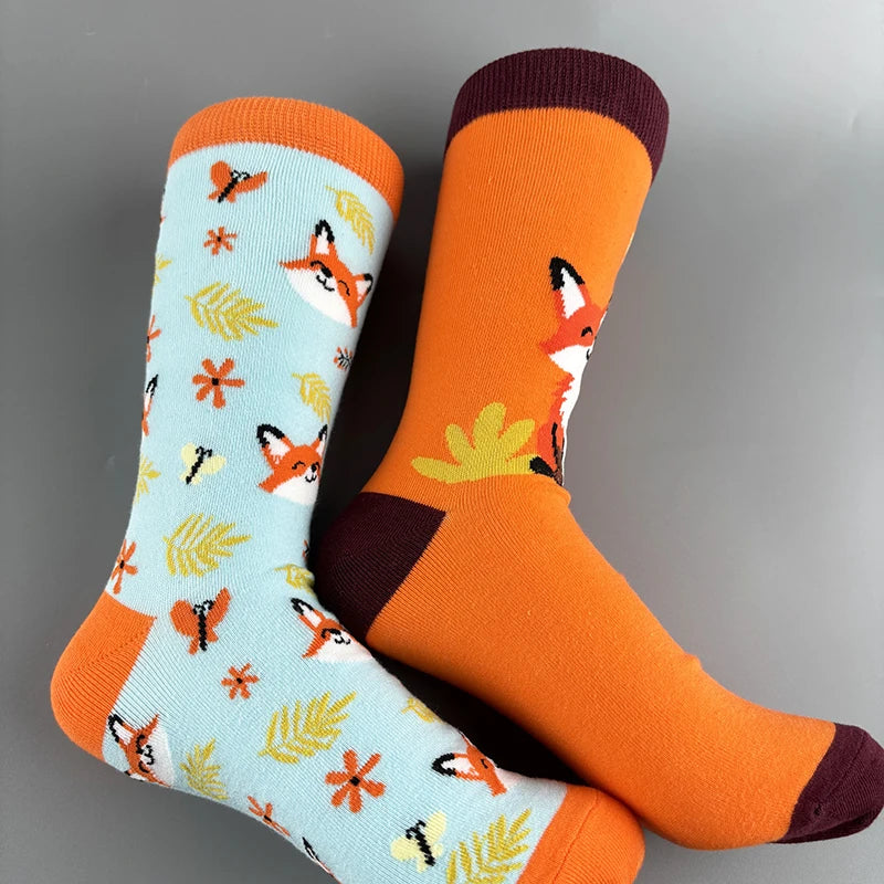 Cotton Blend Fox Print Casual Mid Calf Socks