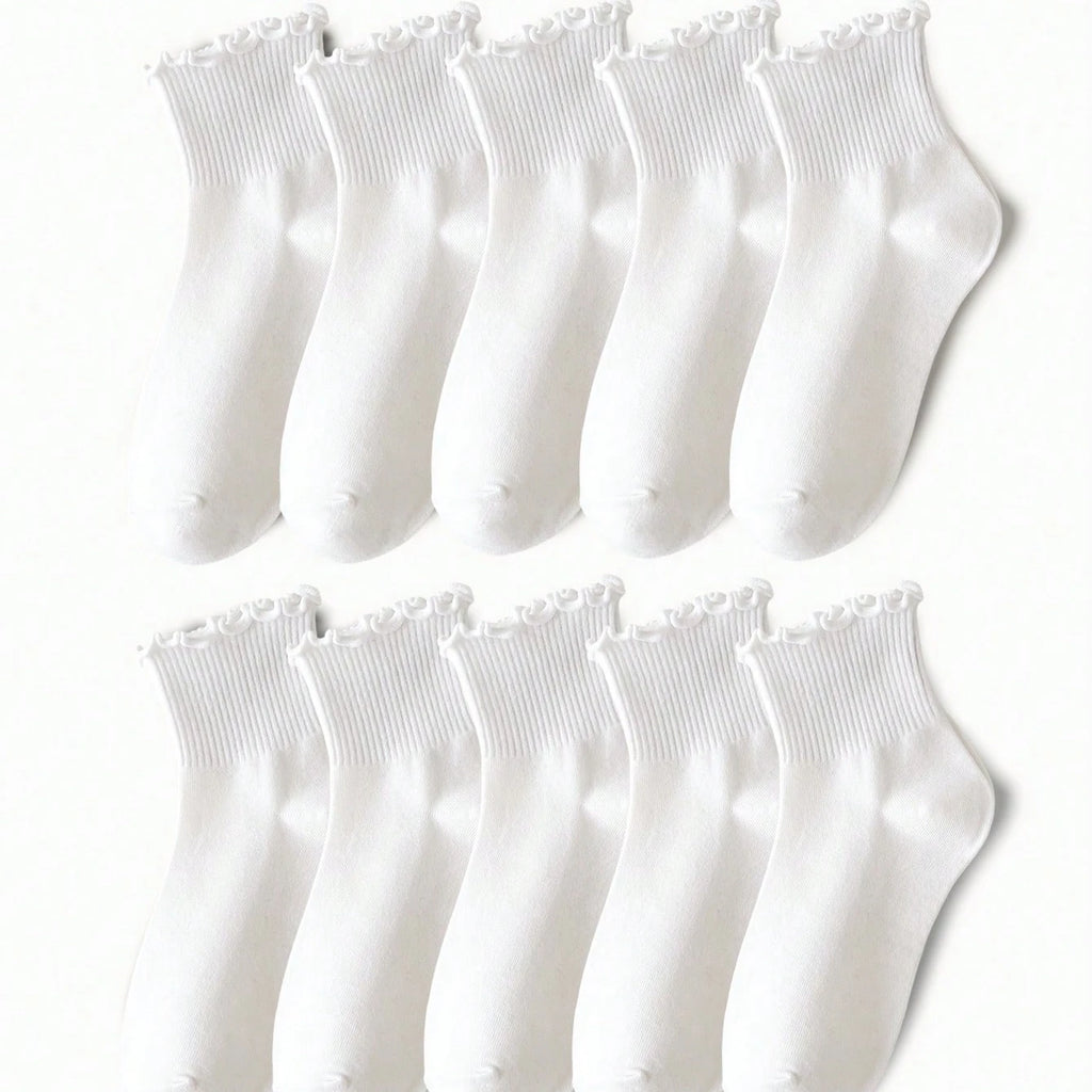 Polyester Elastane Ruffle Trim Mid Tube Crew Socks