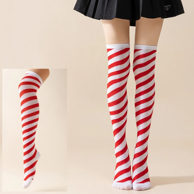 Striped Cotton Polyester Thigh High Stockings