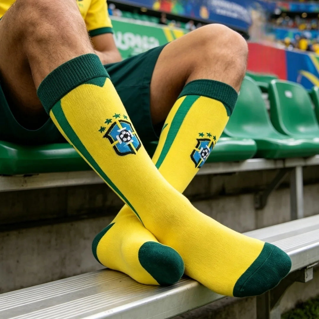 Cotton Blend Knee High Brazil Football Crew Socks