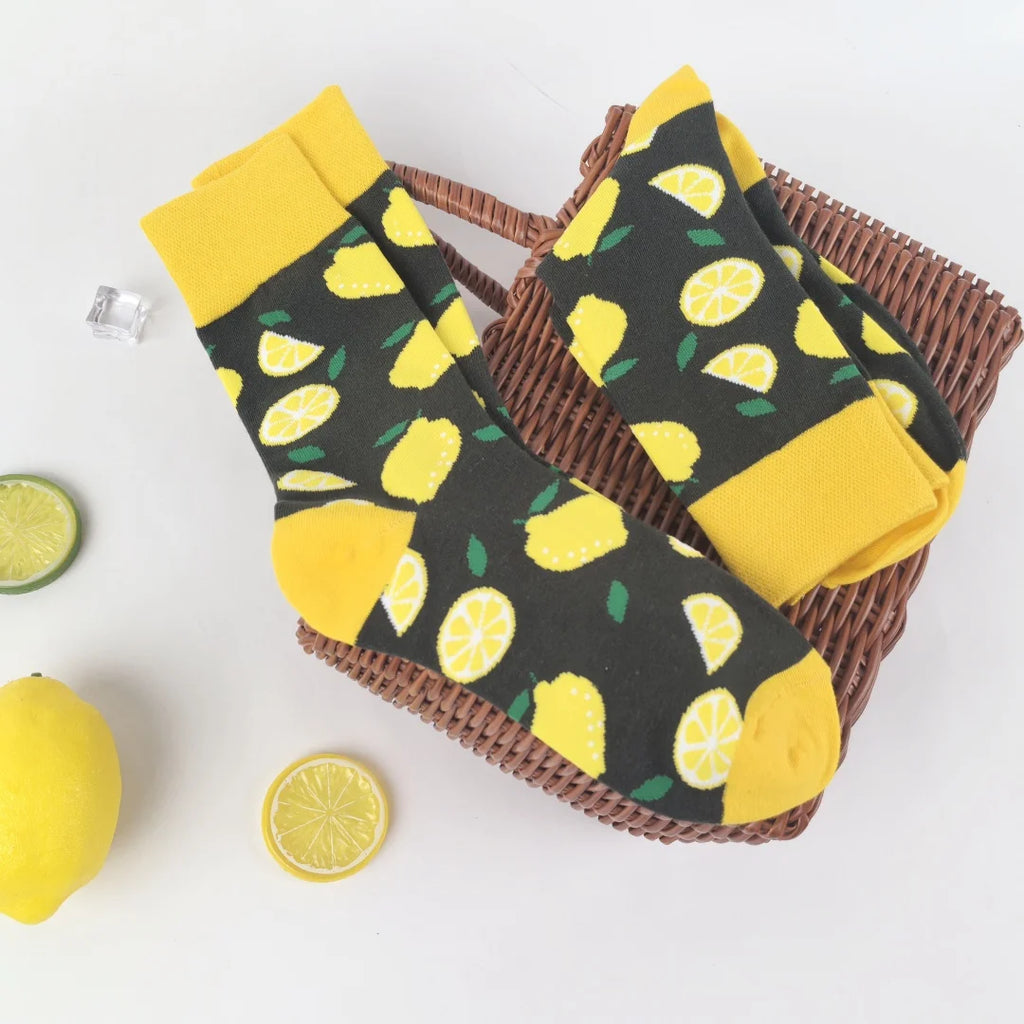Cotton Blend Lemon Print Mid Calf Socks