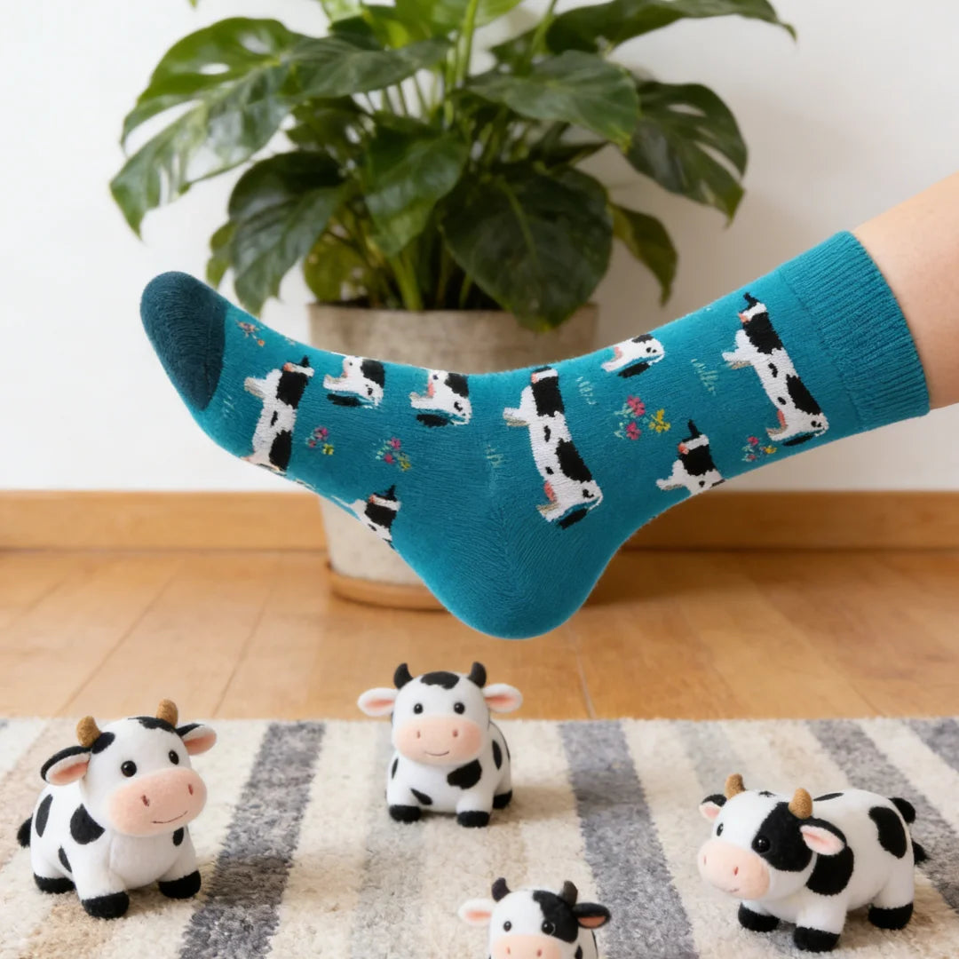 Cotton Blend Cartoon Cow Pattern Mid Calf Socks