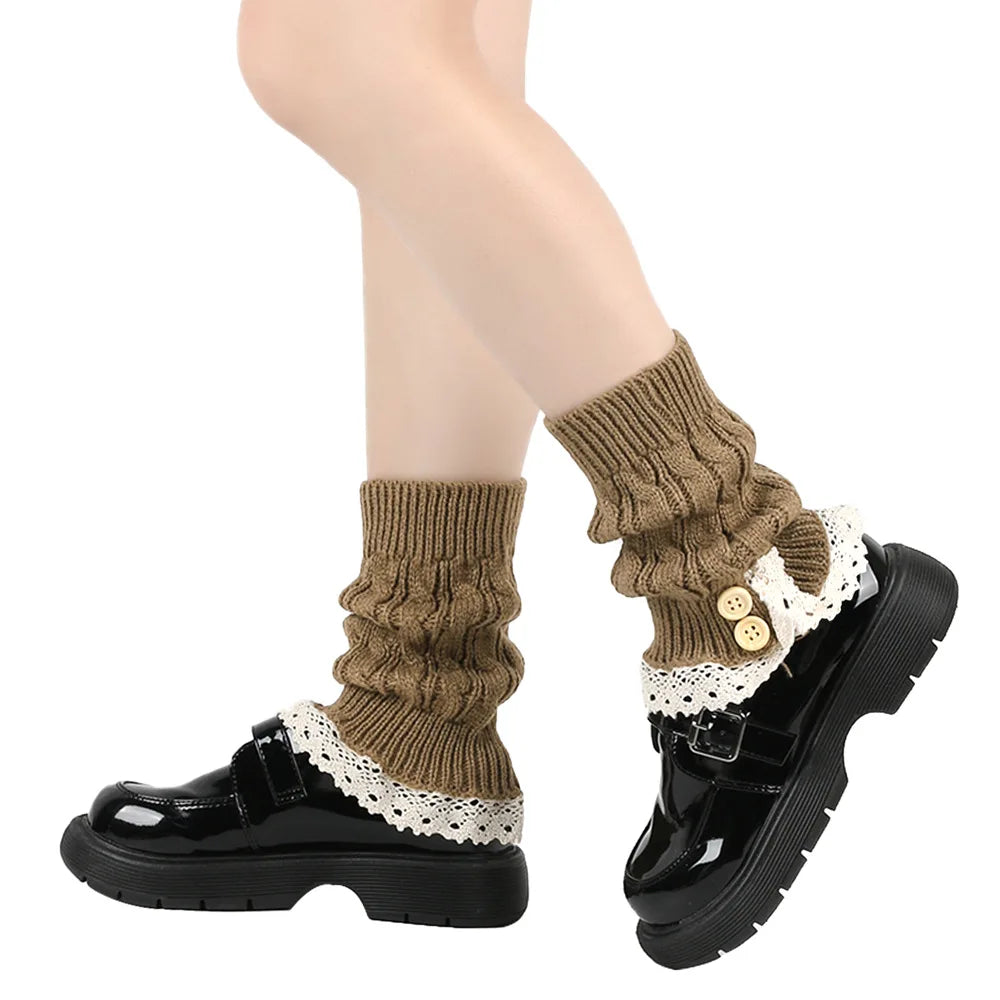Polyester Elastane Knit Button Lace Leg Warmers