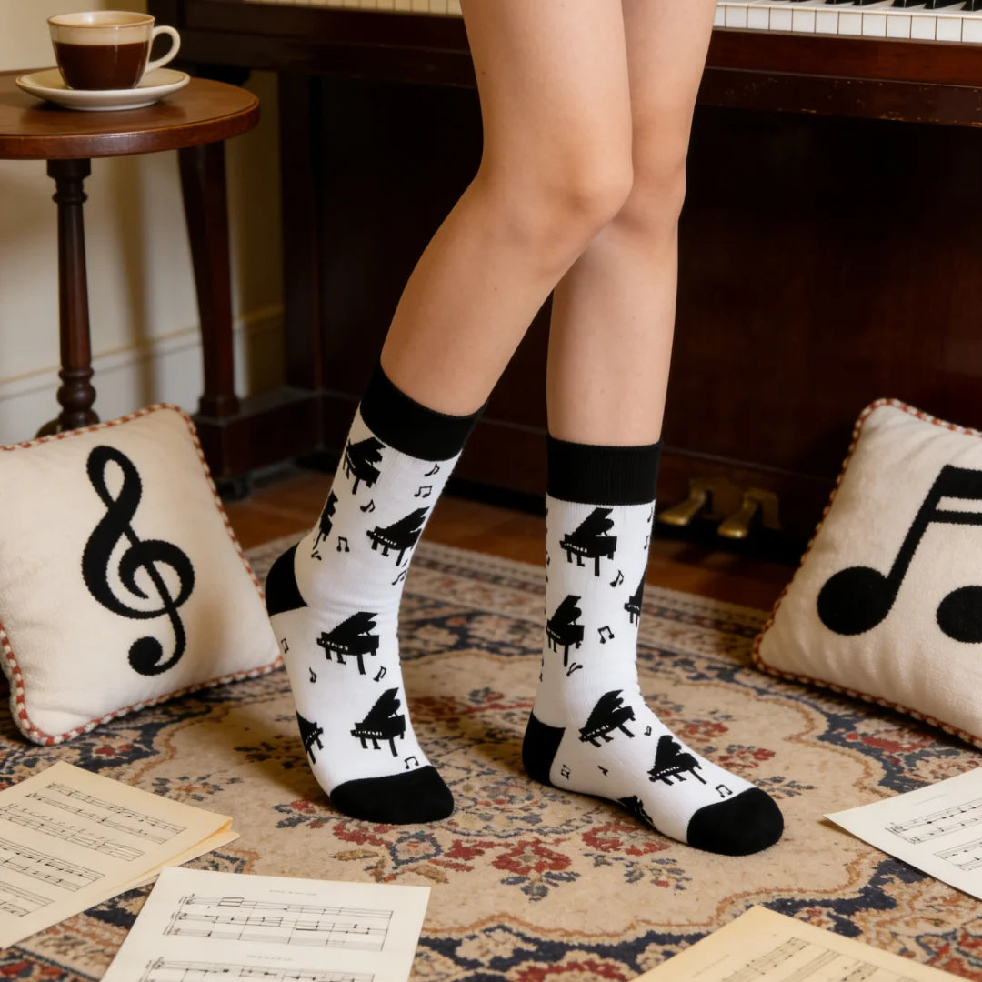 Cotton Blend Mid Calf Music Print Casual Socks
