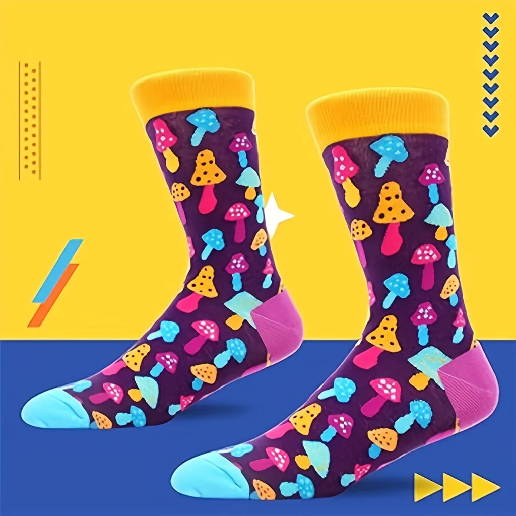 Cotton Blend Colorful Mushroom Print Mid Calf Socks