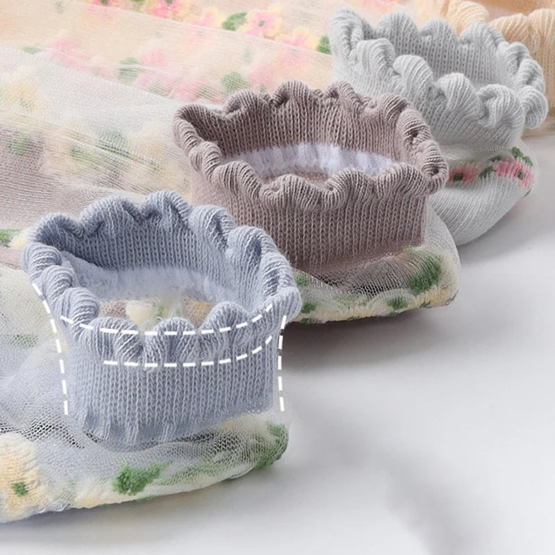 Floral Print Polyester Elastane Low Tube Casual Socks 7 Pairs