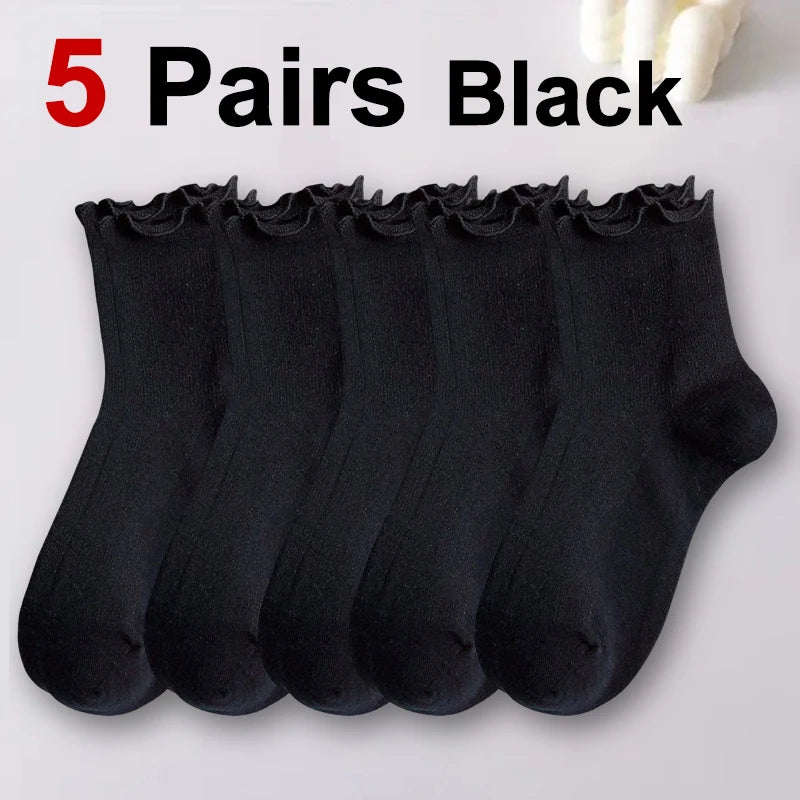 Polyester Elastane Ruffle Trim Mid Tube Socks for Women