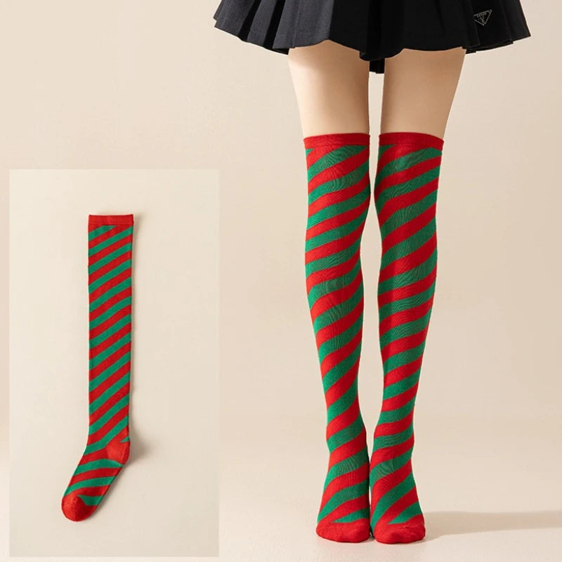 Striped Cotton Polyester Thigh High Stockings