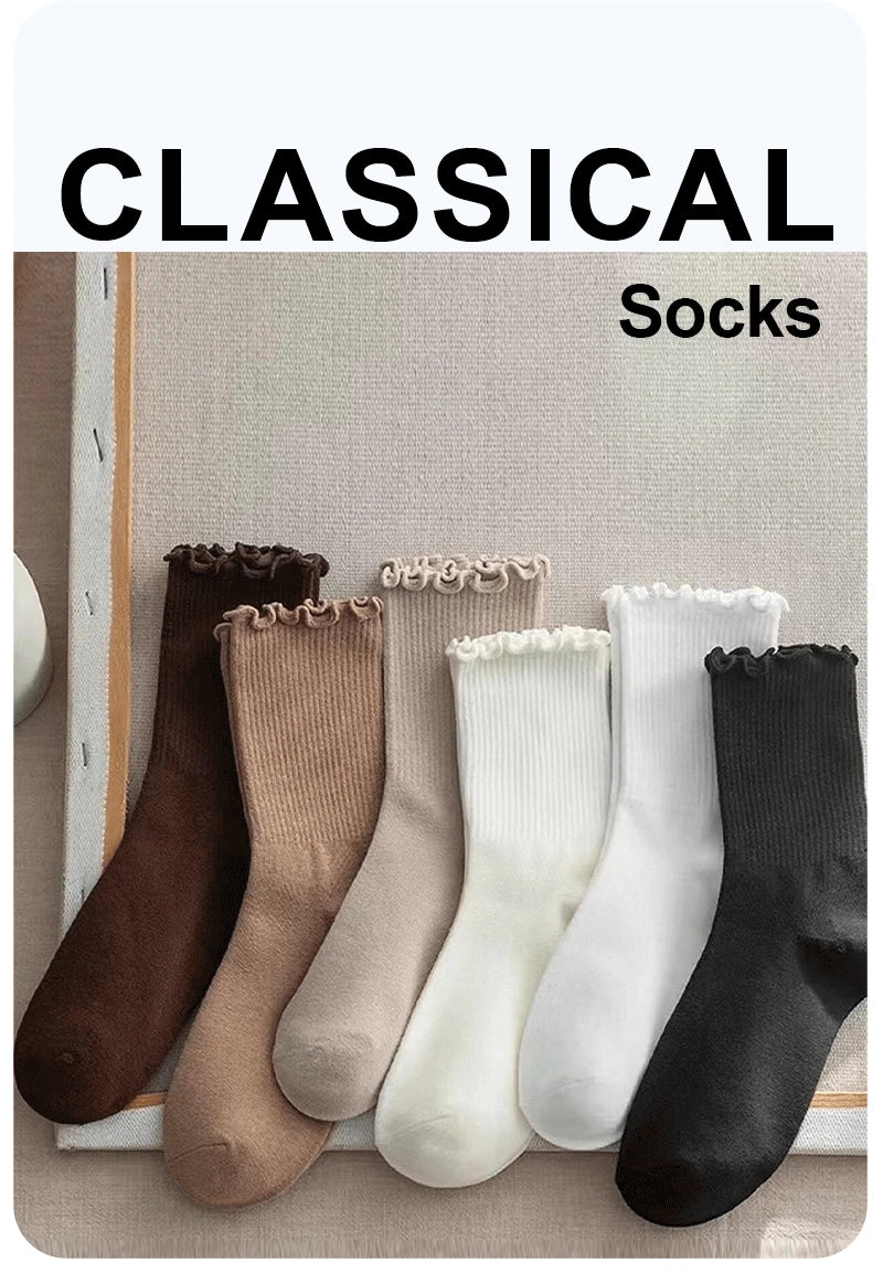 Ruffled Polyester Blend Mid Length Womens Socks 6 Pair Set