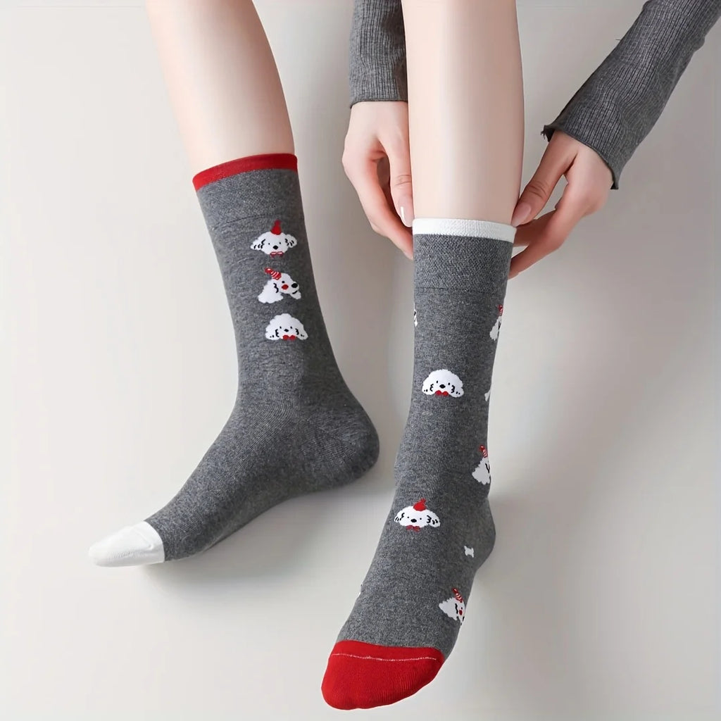 Cotton Blend Puppy Print Mid Calf Socks