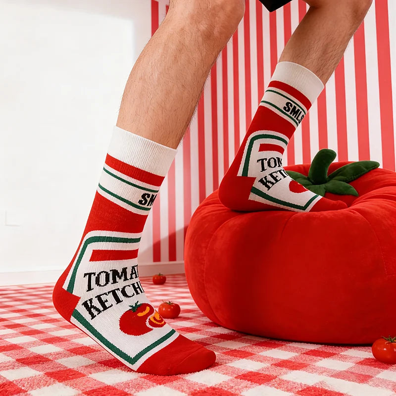 Cotton Blend Ketchup Print Crew Socks