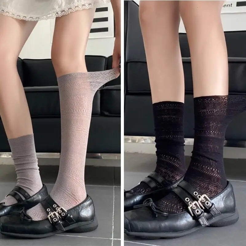 Polyester Floral Pattern Mesh Crew Socks