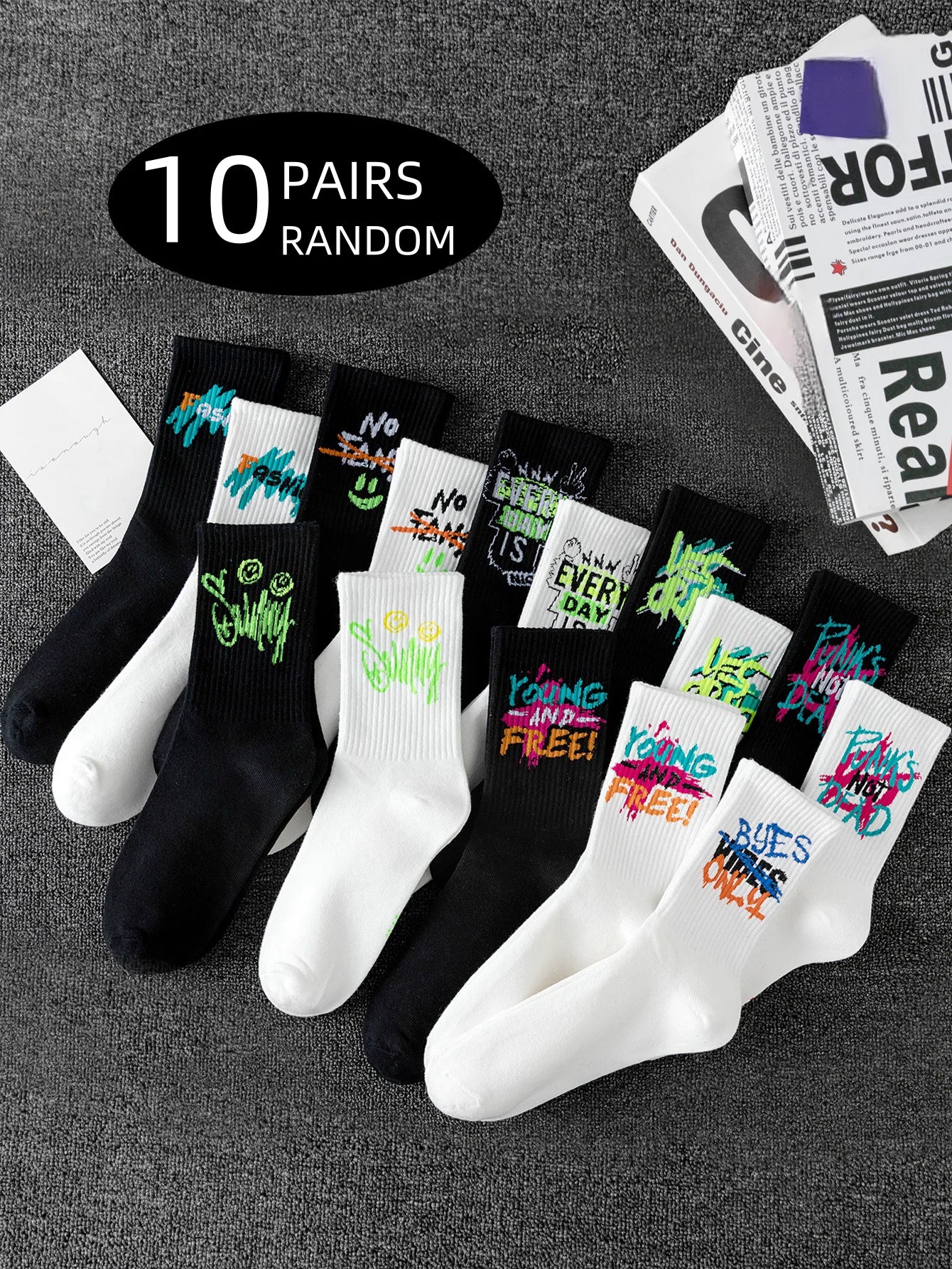 Polyester Elastane Mens Graffiti Crew Socks 10 Pairs - 1
