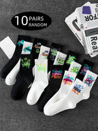Polyester Elastane Mens Graffiti Crew Socks 10 Pairs