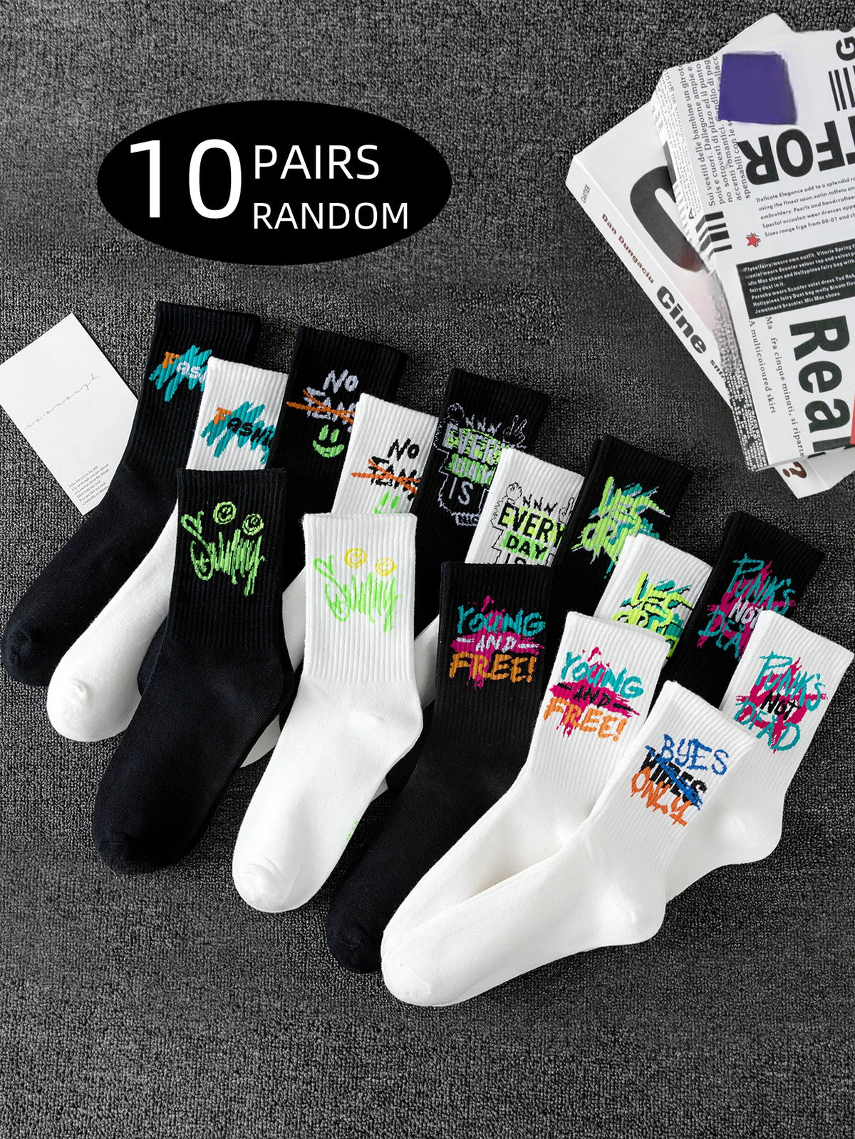 Polyester Elastane Mens Graffiti Crew Socks 10 Pairs