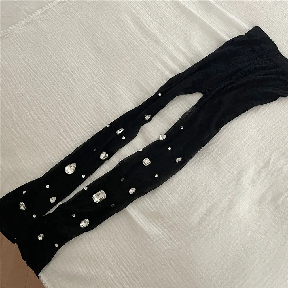 Rhinestone Embellished Nylon Elastic Tights