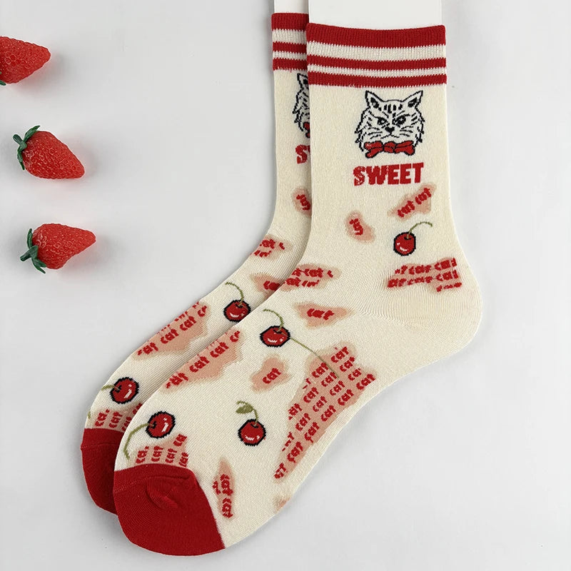 Cotton Blend Cat and Cherry Print Mid Calf Socks
