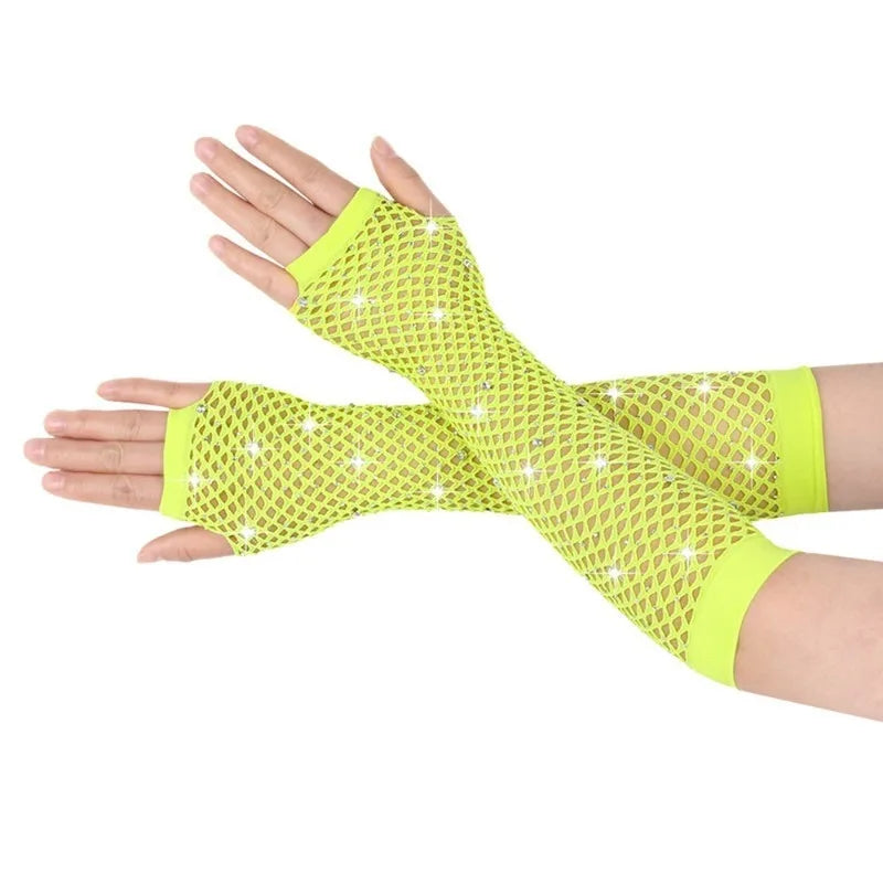 Nylon Elastane Rhinestone Fishnet Fingerless Gloves - 15
