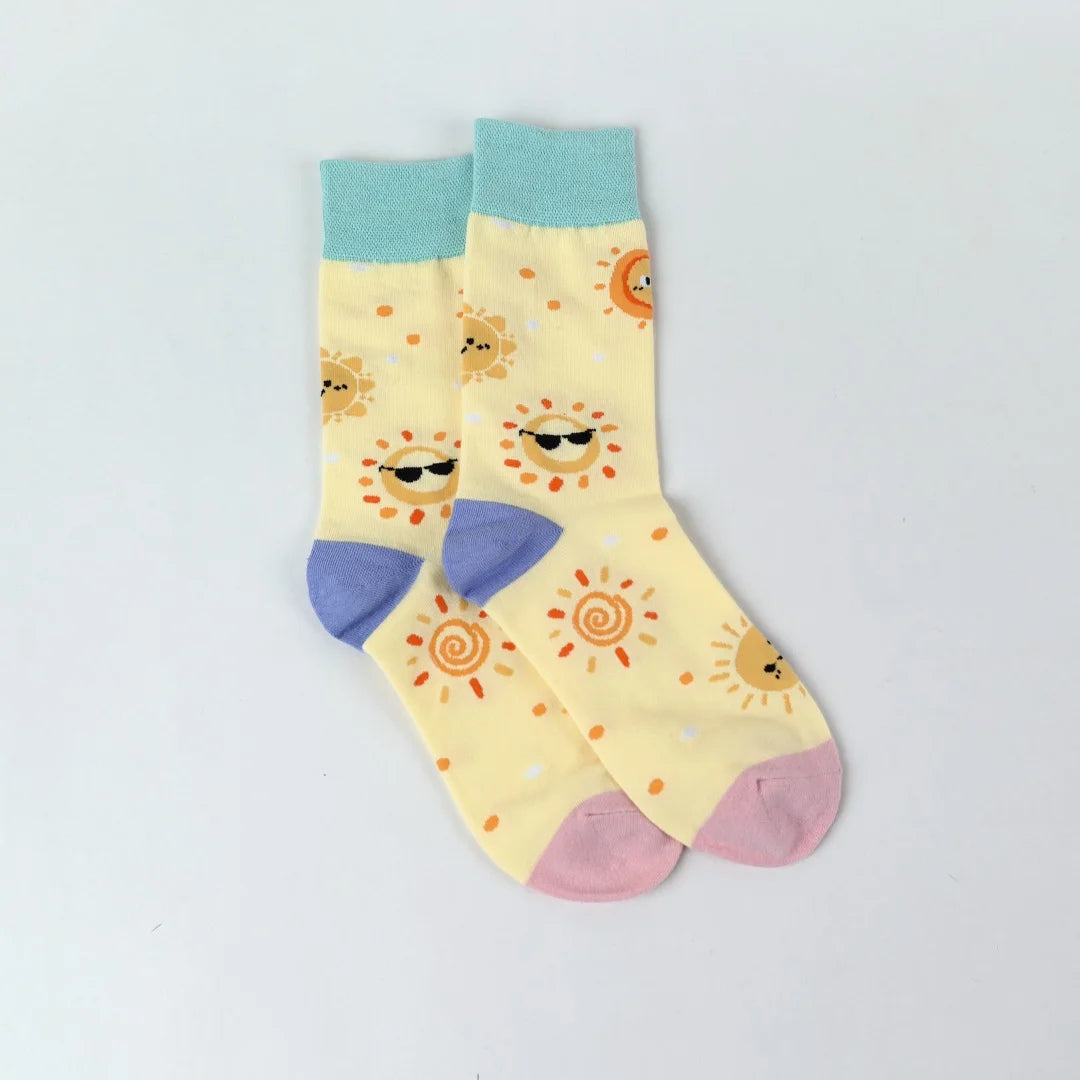 Cotton Blend Cartoon Sun Print Mid Calf Crew Socks