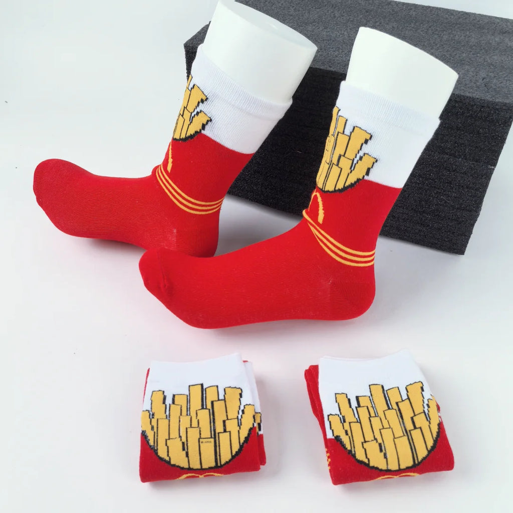 Polyester Elastane French Fries Print Unisex Mid Calf Socks 3 Pack