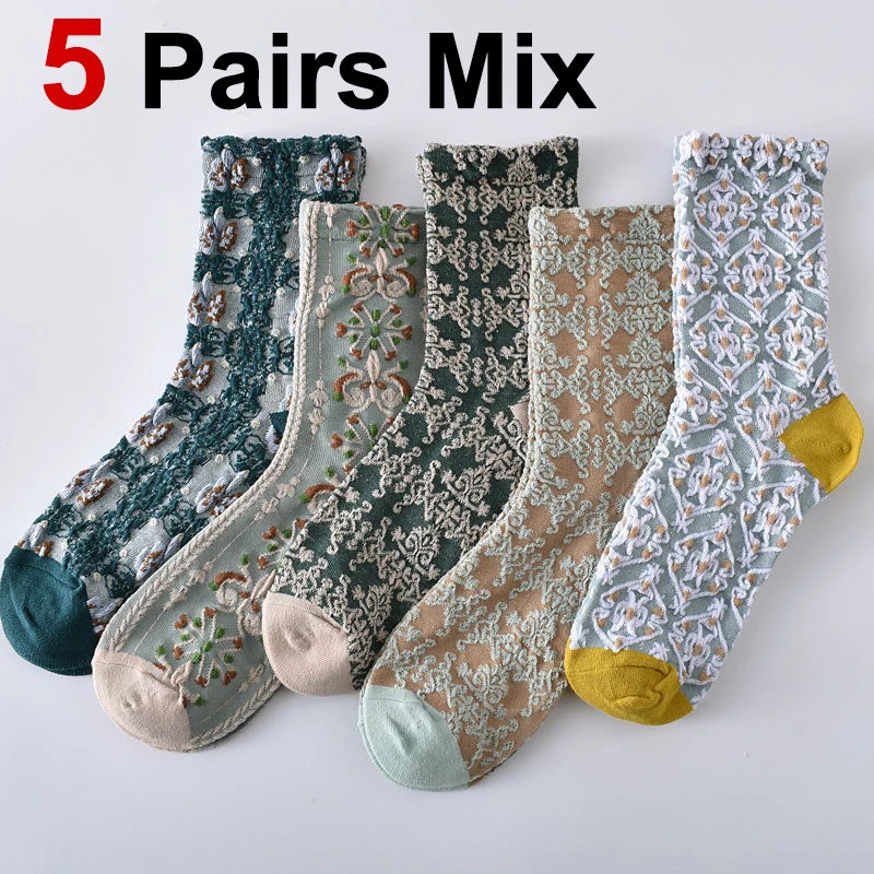 Cotton Blend Floral Mid Tube Socks