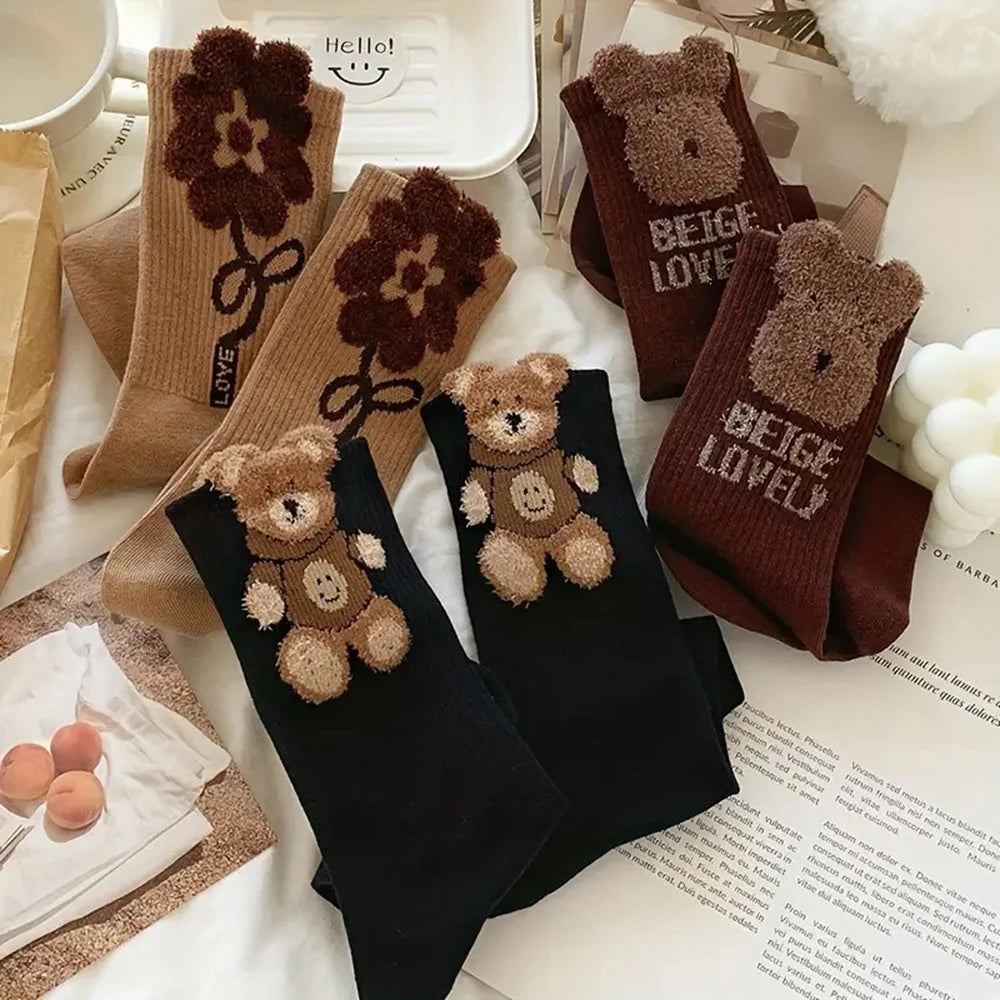 Polyester Elastane Cartoon Bear Pattern Mid Tube Socks 3 Pairs - 10