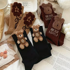 Polyester Elastane Cartoon Bear Pattern Mid Tube Socks 3 Pairs