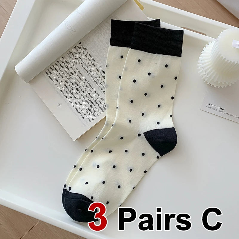 Polyester Elastane Polka Dot Mid Tube Casual Socks 3 Pairs