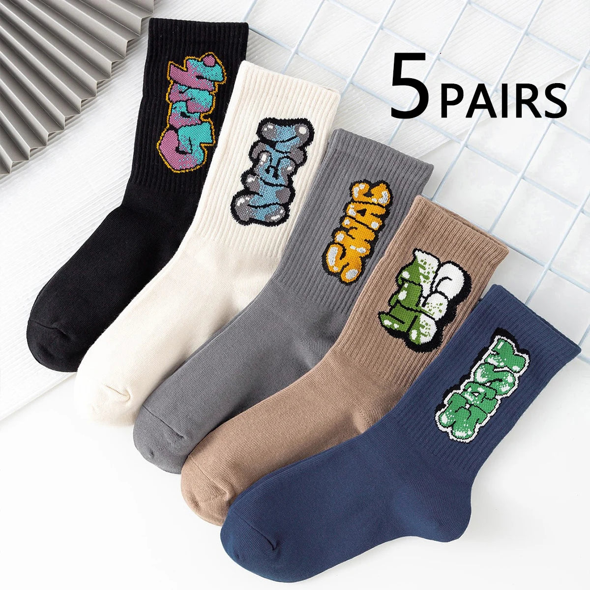 Polyester Elastane Crew Socks Graffiti Pattern Men - 1