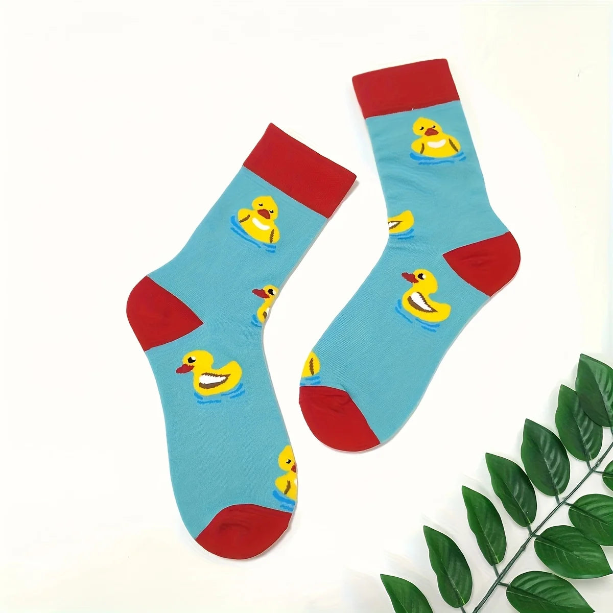Cotton Blend Yellow Duck Pattern Casual Mid Calf Socks