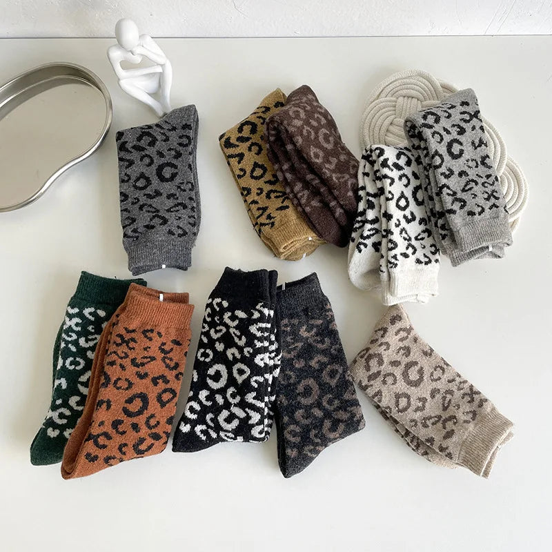 Leopard Print Wool Mid Calf Socks