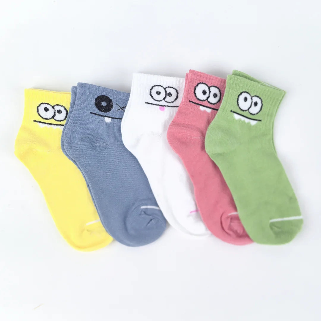 Polyester Elastane Cartoon Face Mid Calf Socks 5 Pairs