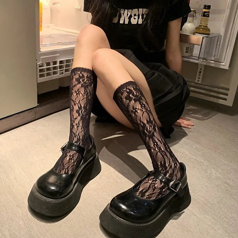 Women Nylon Floral Lace Mid Calf Socks - 21