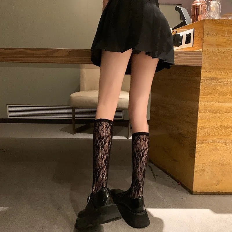Women Nylon Floral Lace Mid Calf Socks - 24