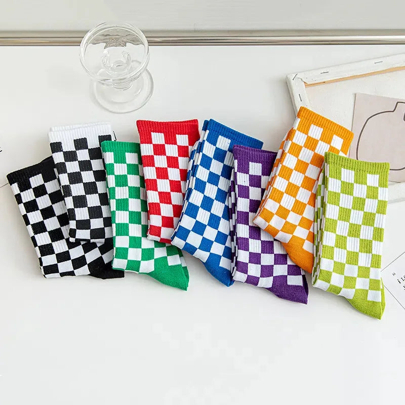 Cotton Blend Plaid Pattern Mid Tube Unisex Socks