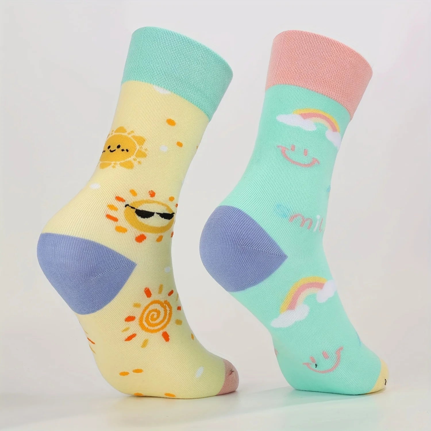 Cotton Blend Sun and Rainbow Print Mid Tube Casual Socks
