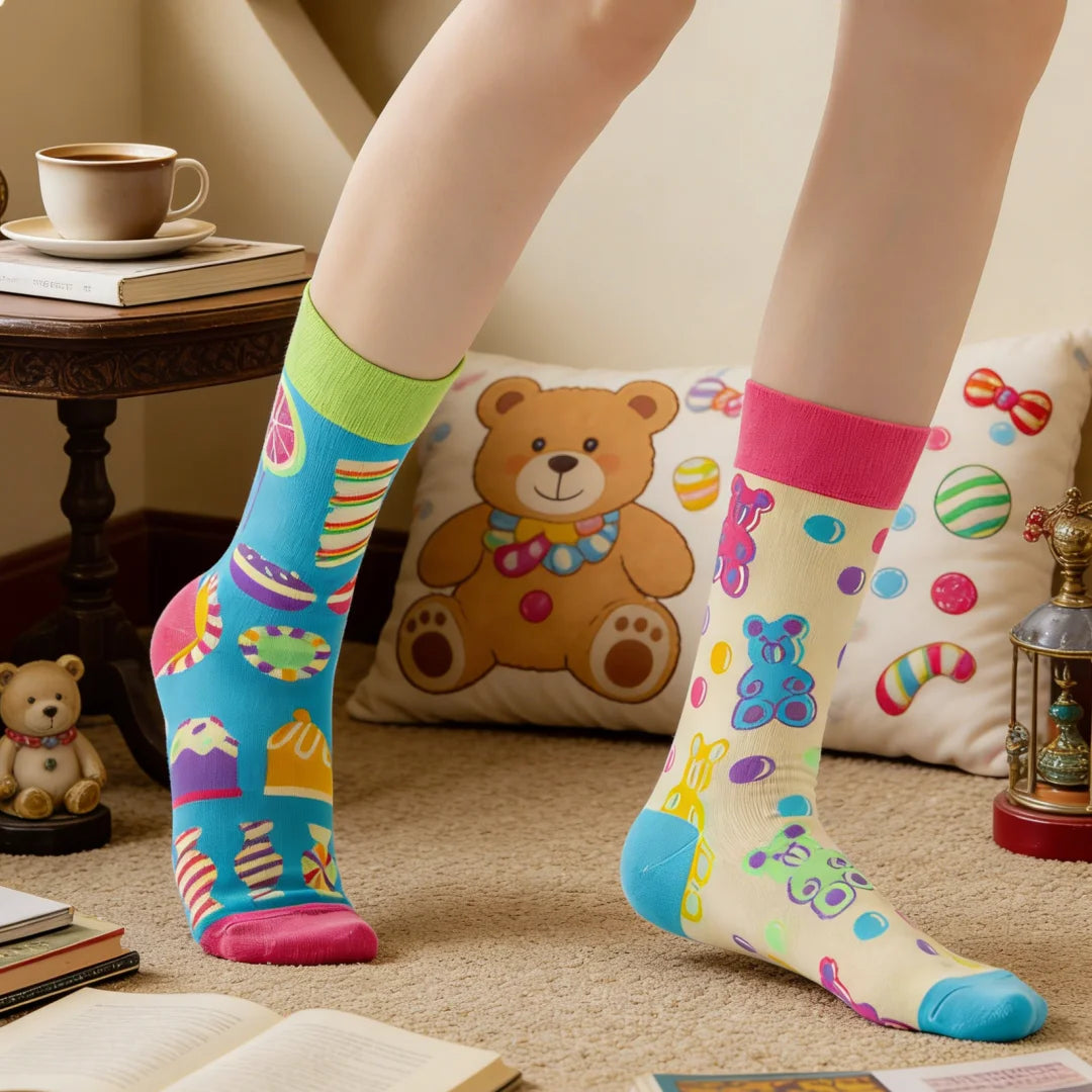 Cotton Blend Cartoon Bear and Sweets Pattern Casual Mid Tube Socks